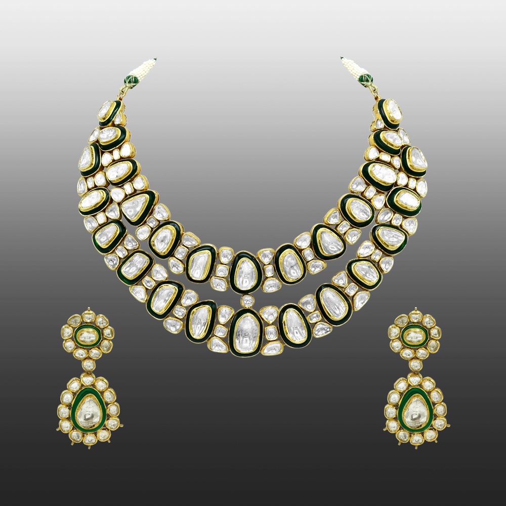 Polki Necklace Set with Green Enamel and Layered Design